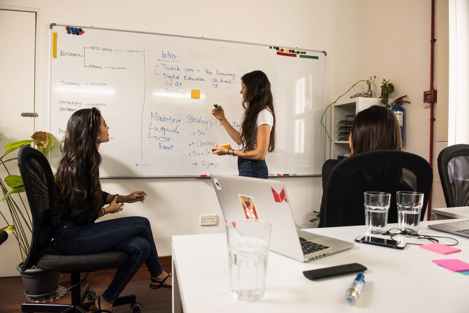 People discussing notes at a whiteboard